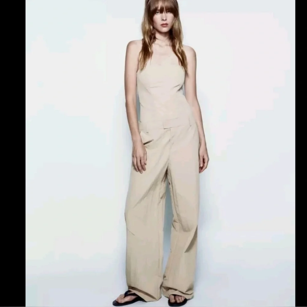 ZARA Khaki Tan Nylon Strapless Wide Leg Utility Jumpsuit NWT - Picture 3 of 11